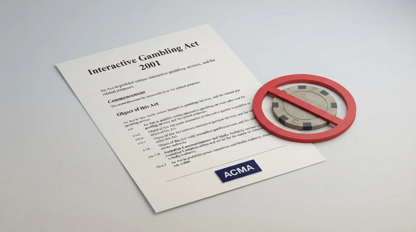 A government-styled informational graphic showing the Interactive Gambling Act 2001 title and the ACMA logo beside a crossed-out online casino icon