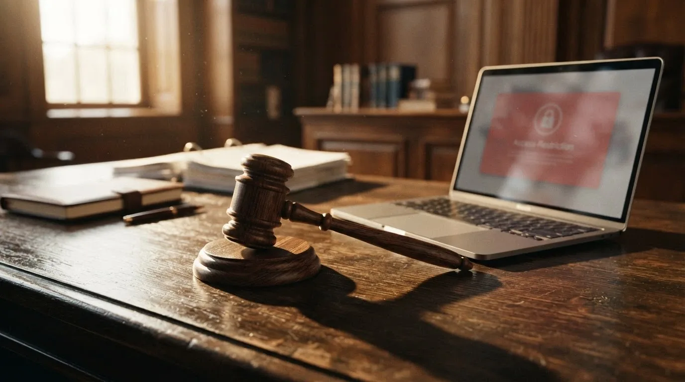 A gavel on a desk beside a computer screen showing a casino site with an “Access Restricted” overlay and an ACMA logo