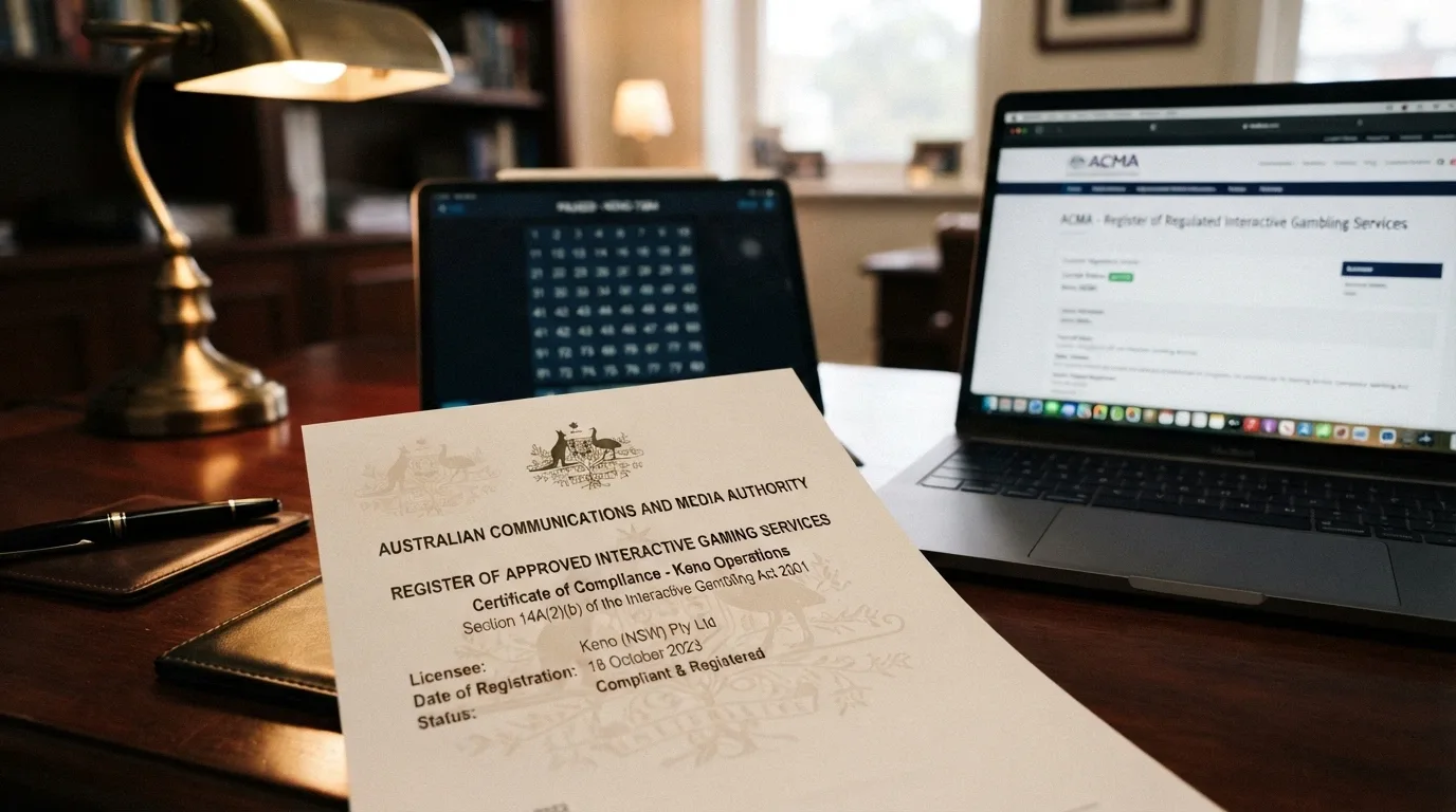 A government-style document with a watermark beside a laptop showing the ACMA website and a keno game paused in the background