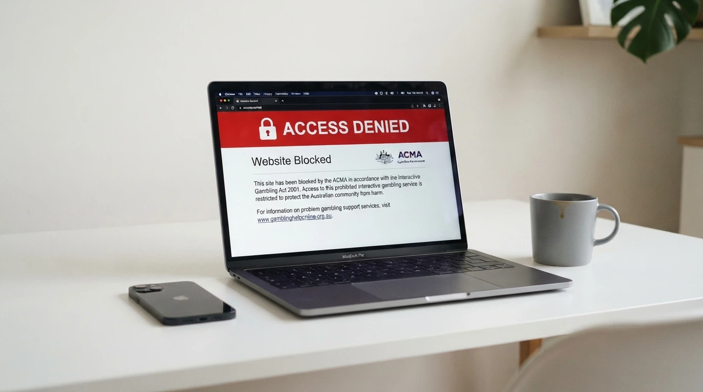 A document marked with an official government crest and the words Interactive Gambling Act 2001 visible, beside a laptop screen showing a blocked-website notice from the ACMA