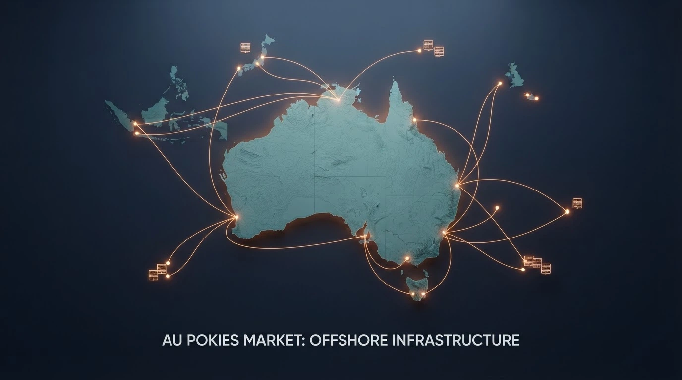 A digital illustration of a map of Australia with glowing connection lines reaching outward to offshore server icons, no connection terminating inside the country