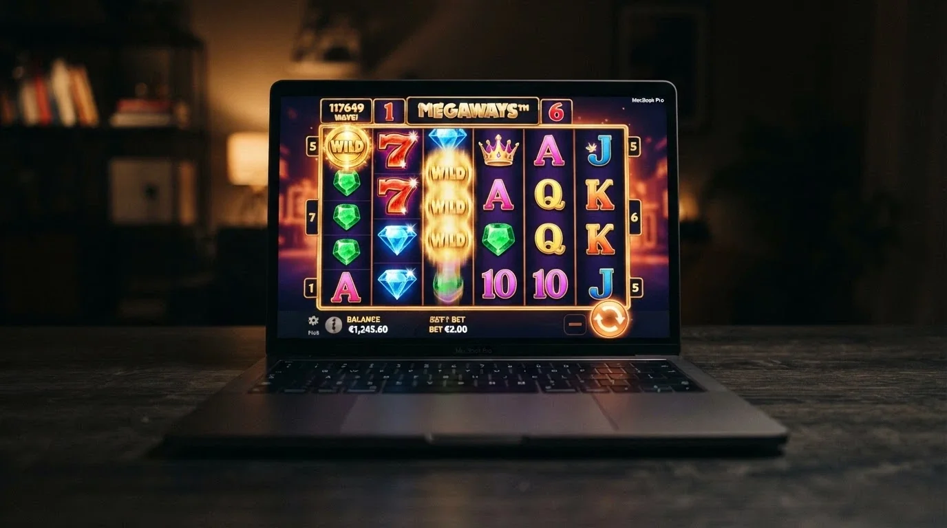 A row of brightly lit online pokie reels showing Megaways-style cascading symbols with the distinctive multi-row layout