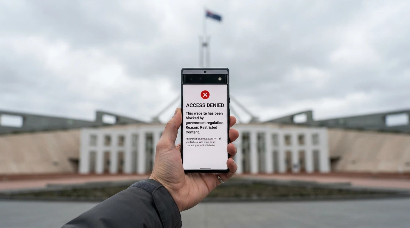 The Australian Parliament House in the background, with a smartphone in the foreground displaying a blocked-website notice from the ACMA