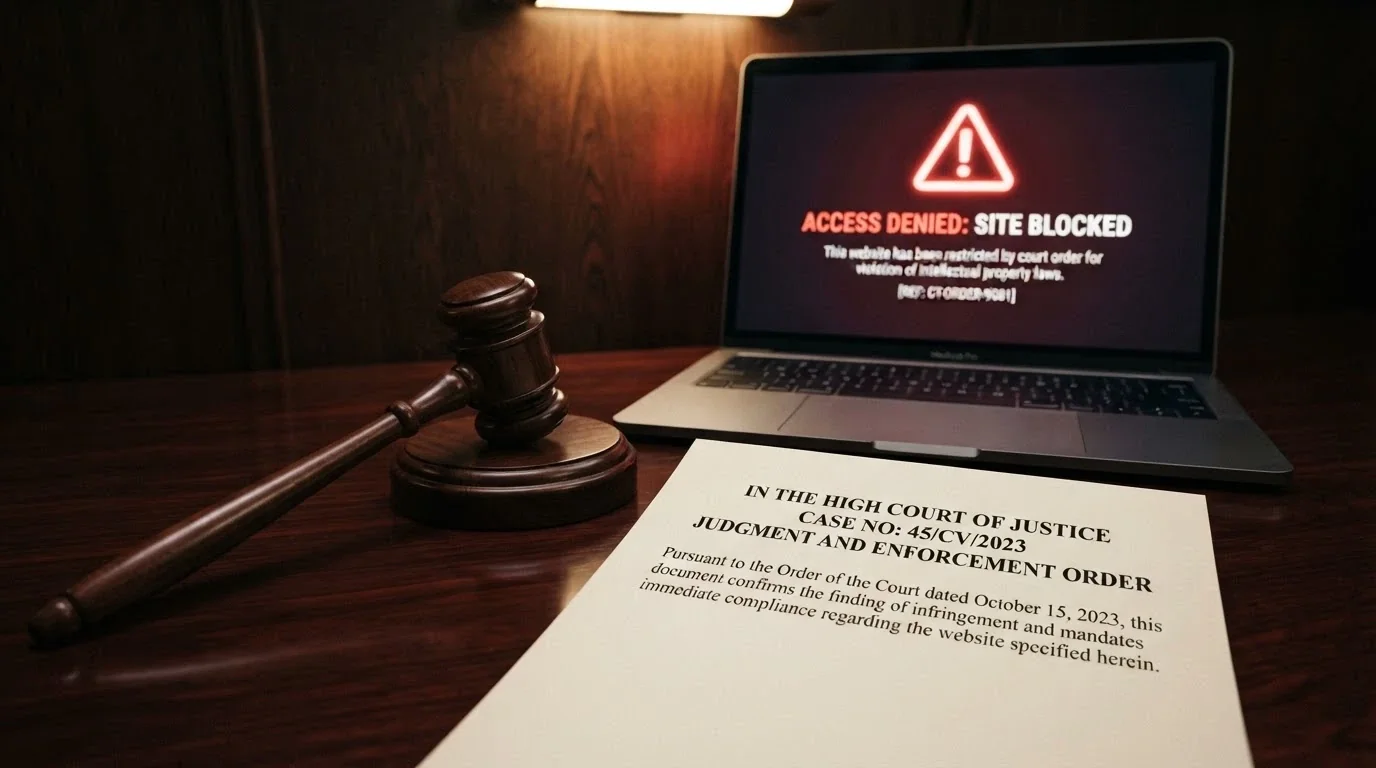A gavel beside a document labelled Interactive Gambling Act 2001, with a digital screen showing a blocked-website notice behind it