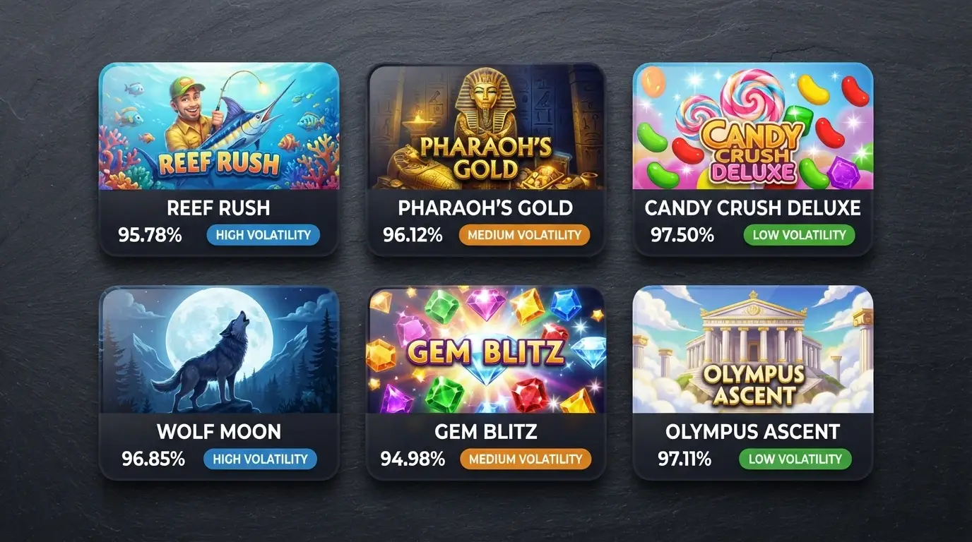 A grid of six pokie title cards — Big Bass Bonanza, Book of Dead, Sweet Bonanza, Wolf Gold, Starburst, Gates of Olympus — each showing its RTP percentage, volatility badge and max win