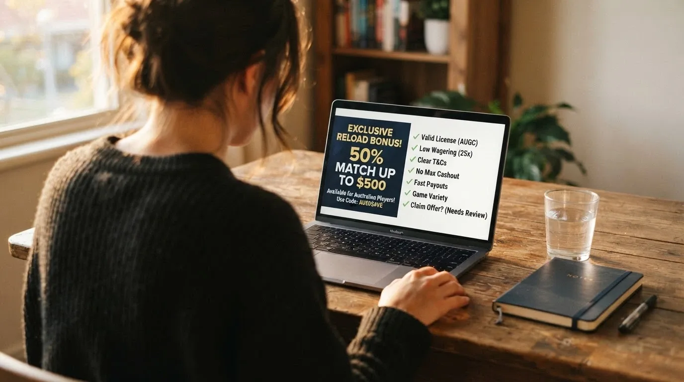An Australian consumer at a laptop with a reload bonus offer on one side of the screen and a consumer-protection checklist on the other