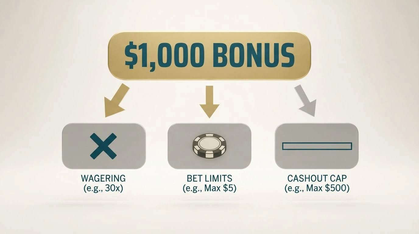 A headline bonus figure (e.g. “$7,500”) with arrows pointing to three smaller boxes labelled Wagering, Max Bet and Cashout Cap, each shrinking the number