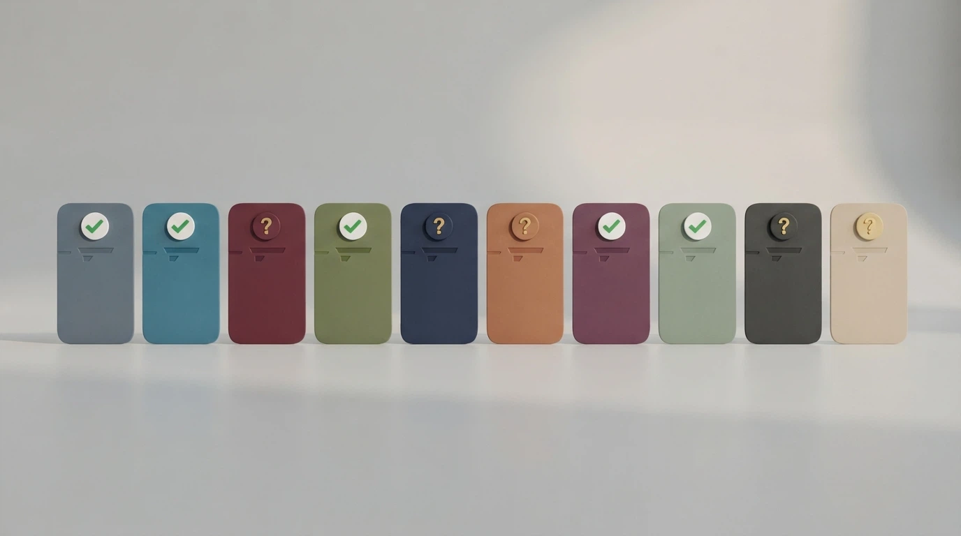 A side-by-side visual of casino brand cards arranged in a ranked row, each showing a licence badge or a question-mark placeholder where unconfirmed