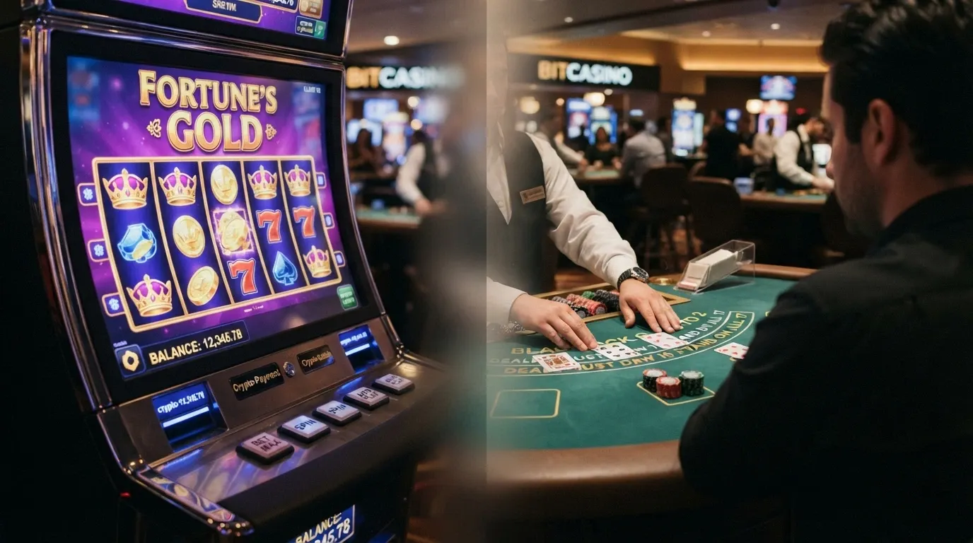 A split-frame showing a colourful video-pokies reel on one side and a live-dealer blackjack table with a dealer and chip stack on the other