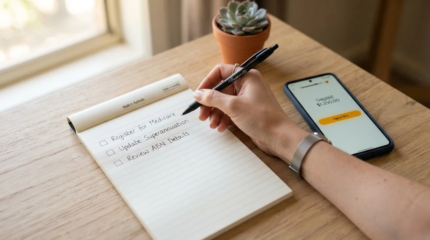 a notepad with three handwritten checklist items — licence, bonus cost, blocklist check — beside a paused cursor over a deposit button