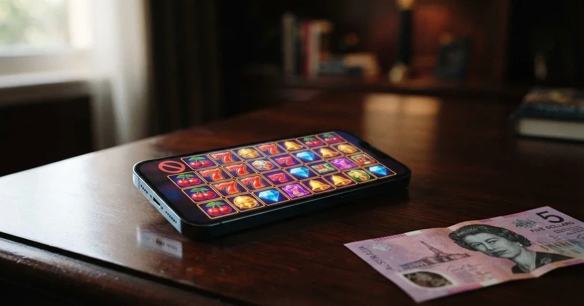 A grid of colourful 1Spin4Win slot tiles arranged across a smartphone screen, an Australian dollar note folded in the corner of the frame, and a subtle red prohibition-circle graphic faded into the background.