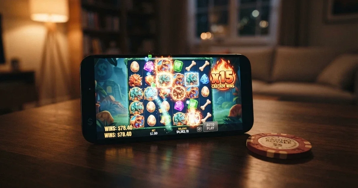 A grid of colourful 7-reel and grid-slot pokie screens showing cluster-pays symbols, cascading-win animations and jackpot counters against a dark casino-style background with Australian dollar symbols