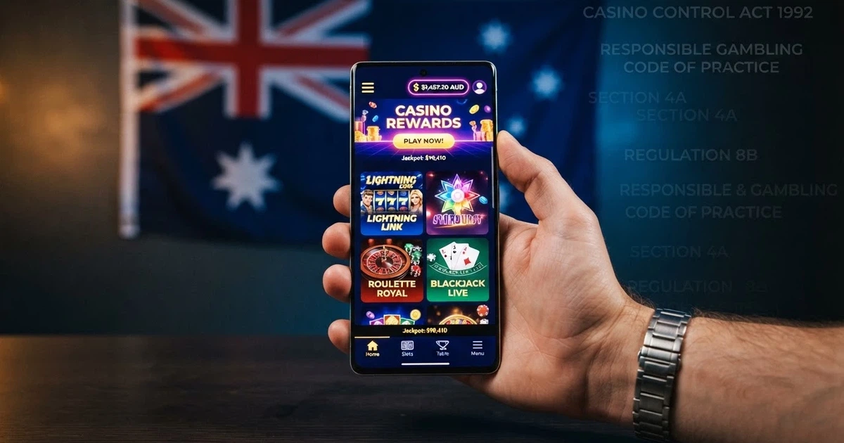 A smartphone held in one hand displaying a casino app lobby screen, with the Australian flag and legal-text overlay in the background signalling the regulatory context