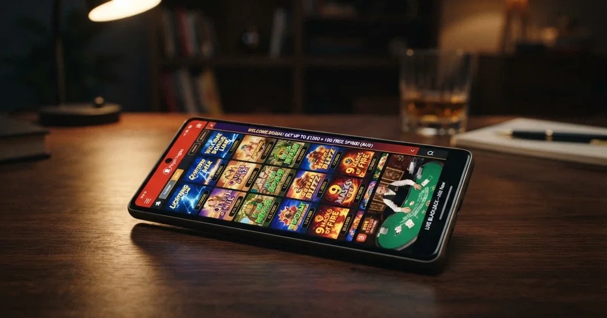 A smartphone screen showing a casino app lobby with pokies thumbnails, a welcome-bonus banner in Australian dollars, and a live-dealer preview tile
