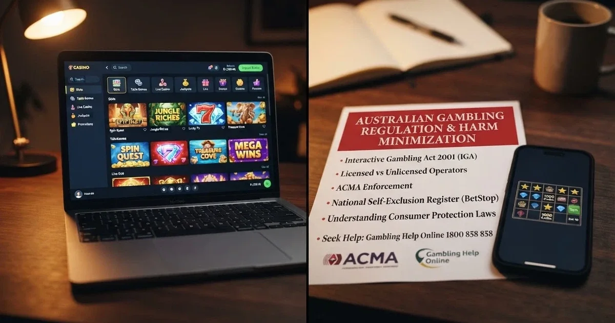 A split frame showing a desktop screen with an Australian offshore casino lobby on one side and an ACMA notice on the other, a mobile phone beside them