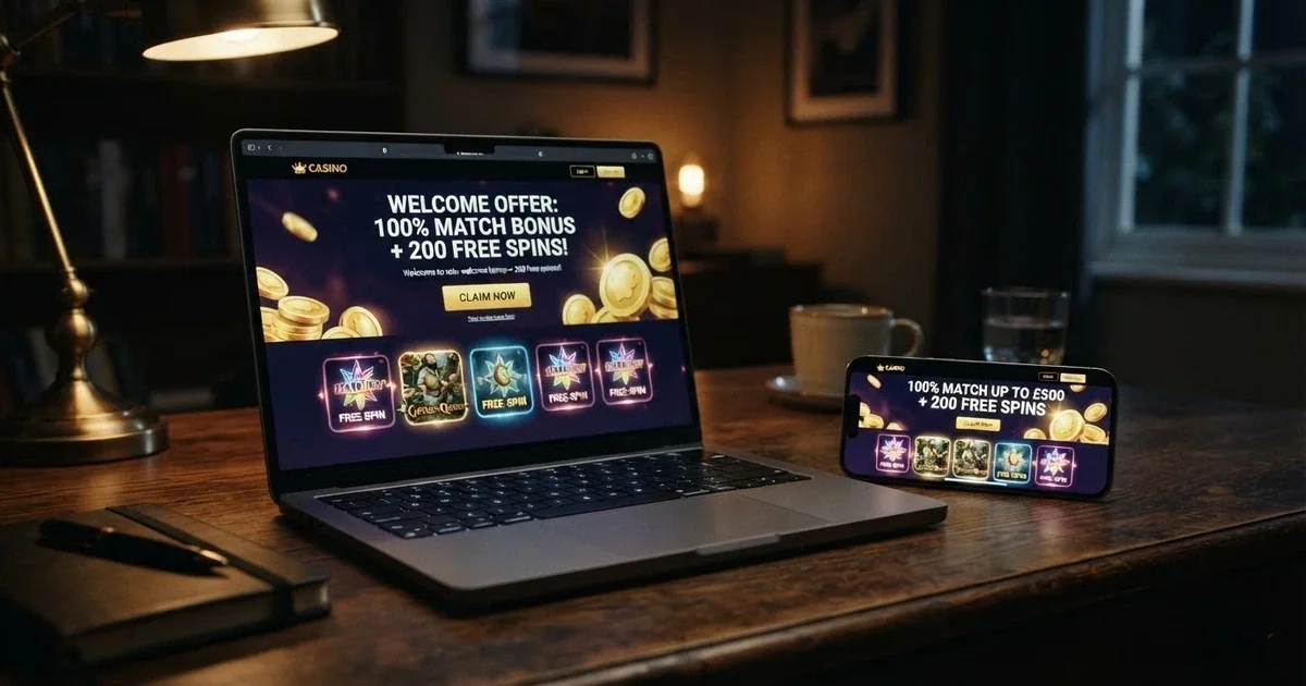 A laptop screen displaying an online casino welcome-bonus promotion with a bold percentage-match headline, beside a smartphone showing the same page