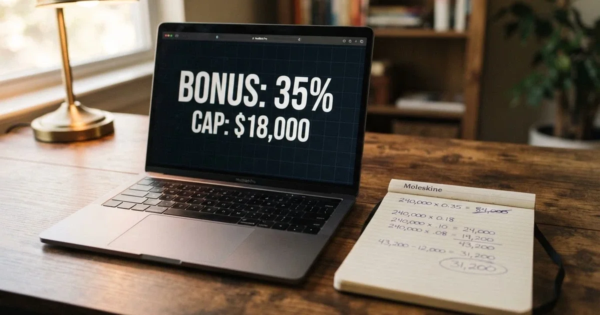 A laptop screen displaying an online casino bonus offer with a match percentage and a dollar cap, beside a notepad with handwritten turnover arithmetic