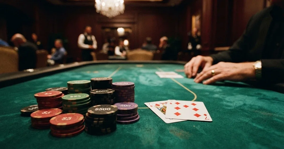 High-stakes casino chips and cards spread across a green felt table