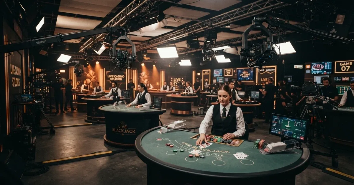 A wide shot of a live casino studio floor with multiple dealer tables under warm lighting, cameras positioned at each station and a digital betting interface overlaid on one screen