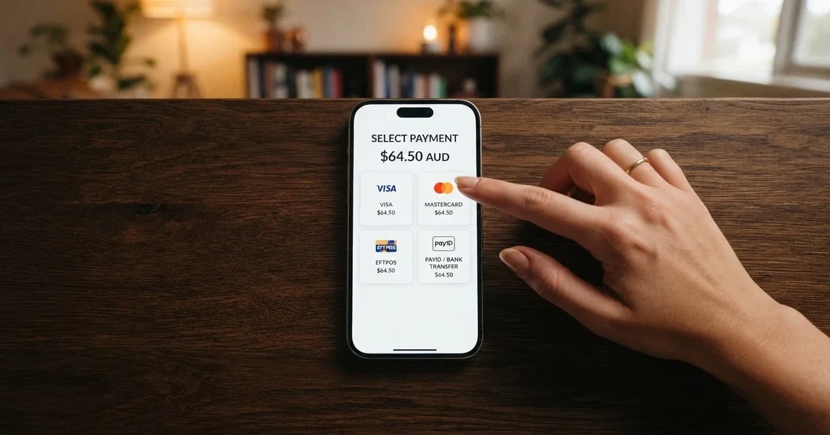 A smartphone displaying casino payment options with Australian dollar amounts on screen