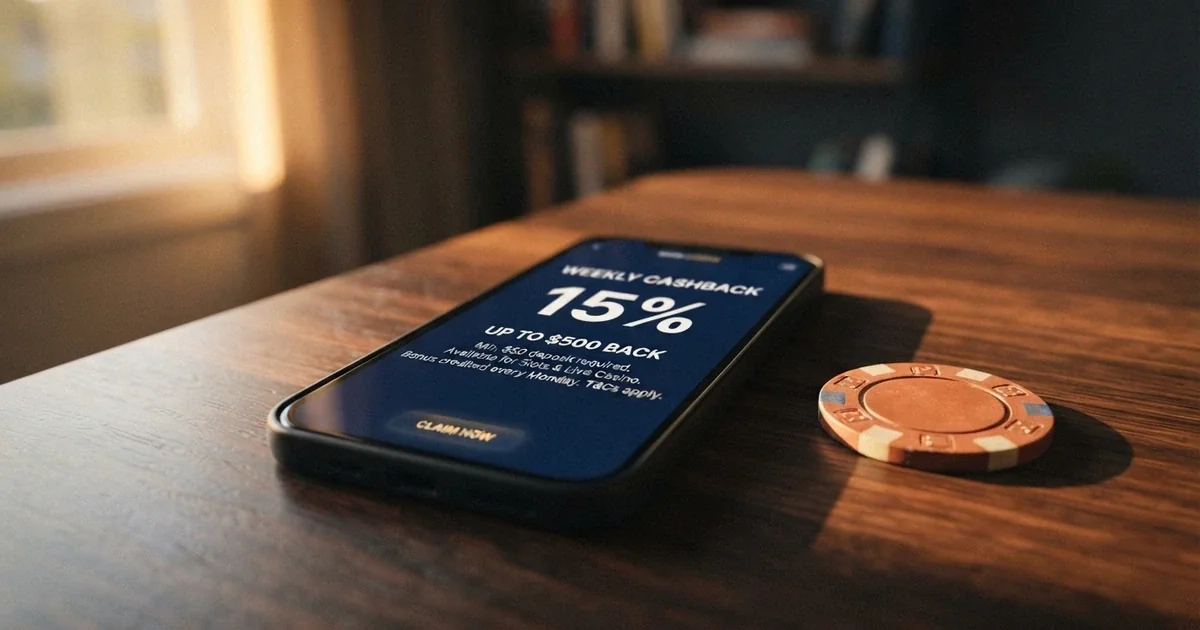 A smartphone screen displaying an online casino cashback offer with the percentage rate, maximum cap figure and terms summary visible, Australian dollar symbols on the interface