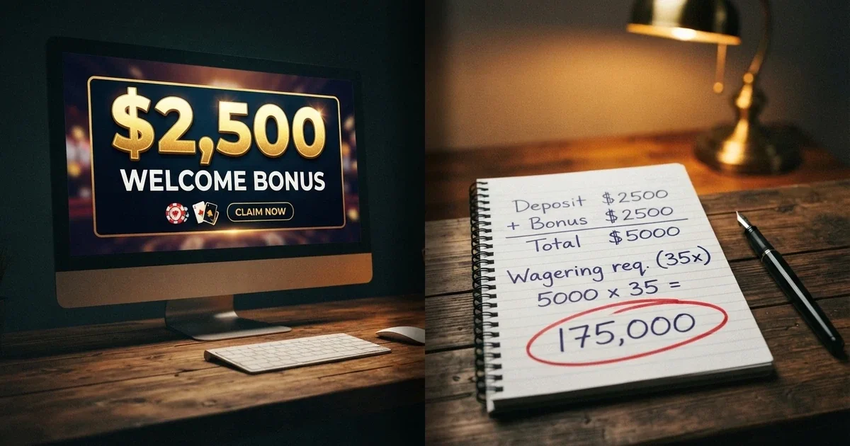 A split-screen comparison: one side shows a bright “$2,500 WELCOME BONUS” banner on a casino homepage, the other side shows a calculator with the wagering terms multiplied out and a much smaller final figure circled in red