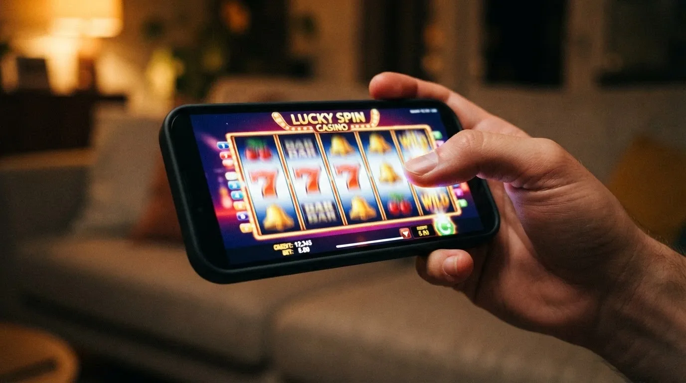 A hand holding a smartphone in landscape orientation showing a Betsoft pokie mid-spin with the reels in motion
