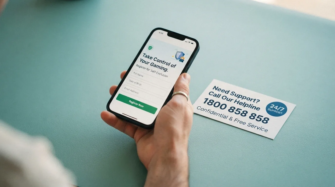 A phone screen showing the BetStop registration page beside the National Gambling Helpline number (1800 858 858) with a 24/7 badge, set against a calm teal background