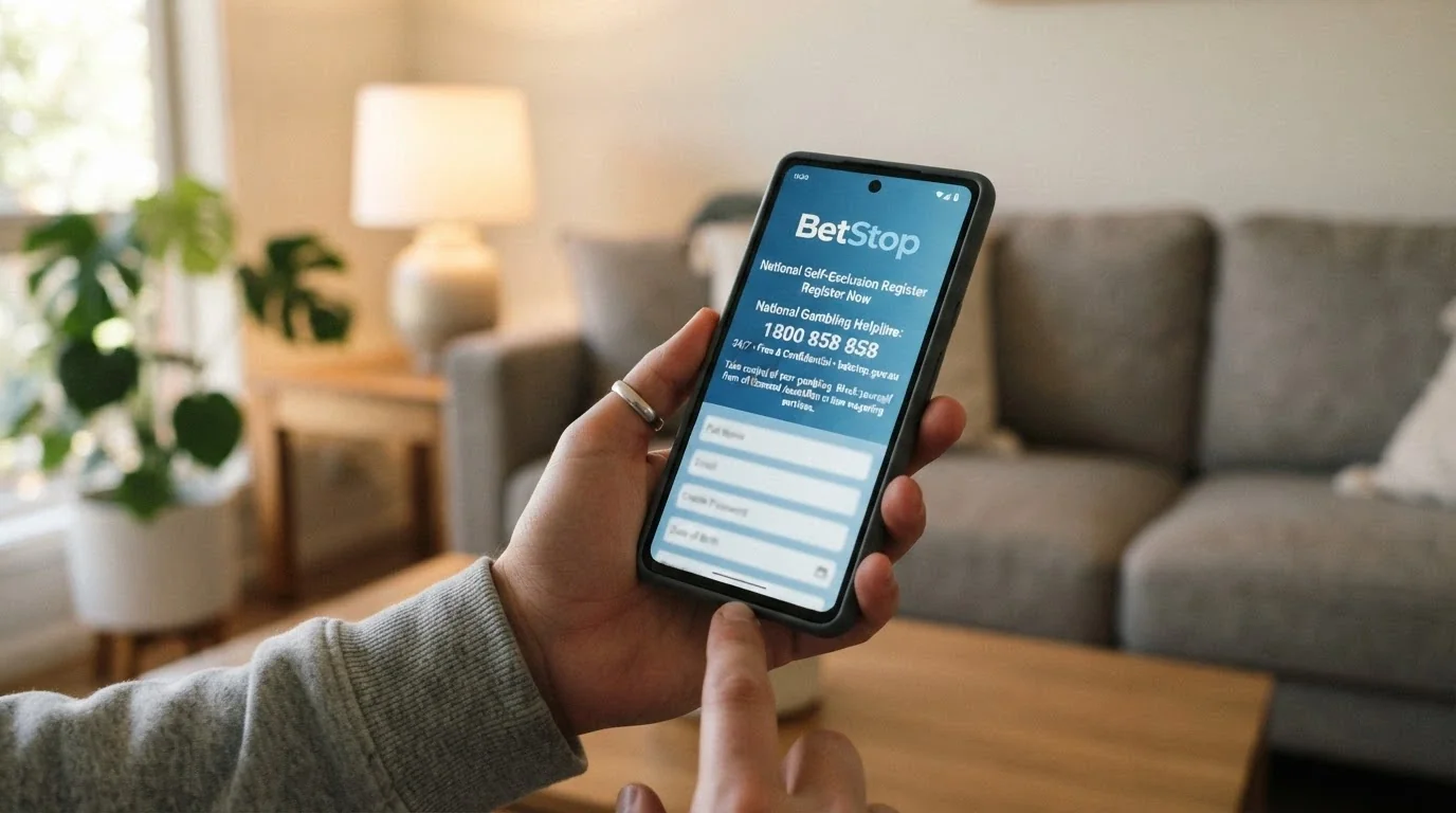 A phone screen showing the BetStop registration page and the National Gambling Helpline number 1800 858 858, with a calming blue background