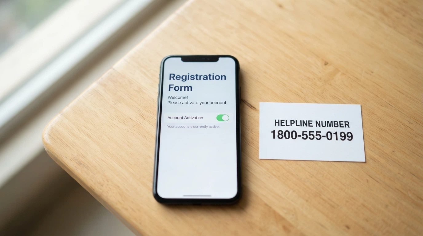 A smartphone showing the BetStop registration screen next to a card with the National Gambling Helpline number 1800 858 858