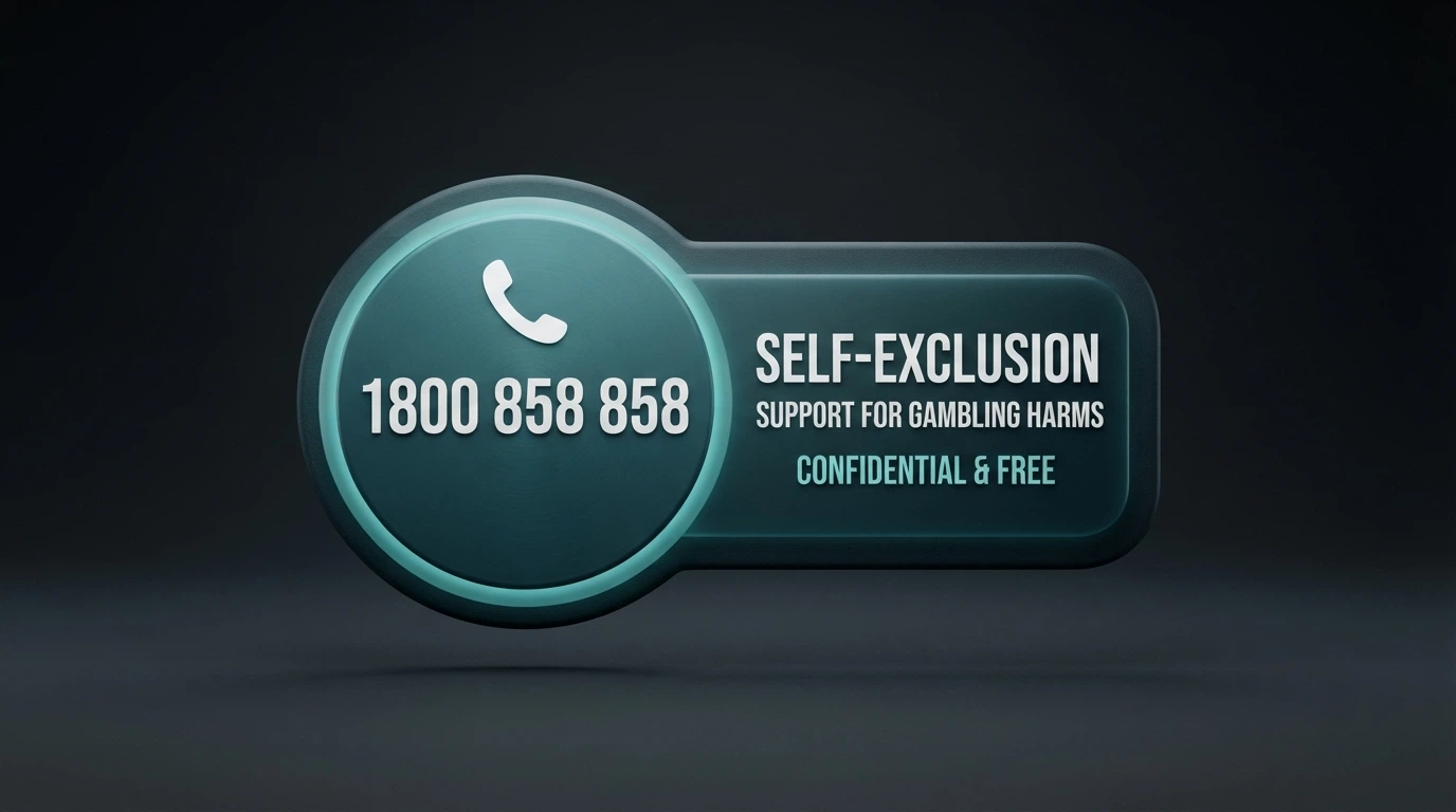 A support icon with the number 1800 858 858 and a self-exclusion register button