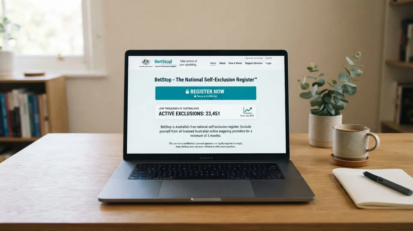 The BetStop website homepage on a laptop screen with the registration button and key statistics about active exclusions visible