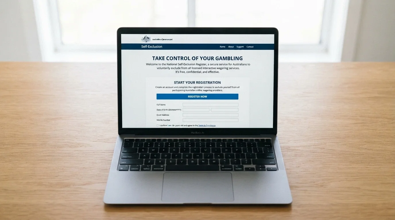 The BetStop National Self-Exclusion Register landing page displayed on a laptop screen