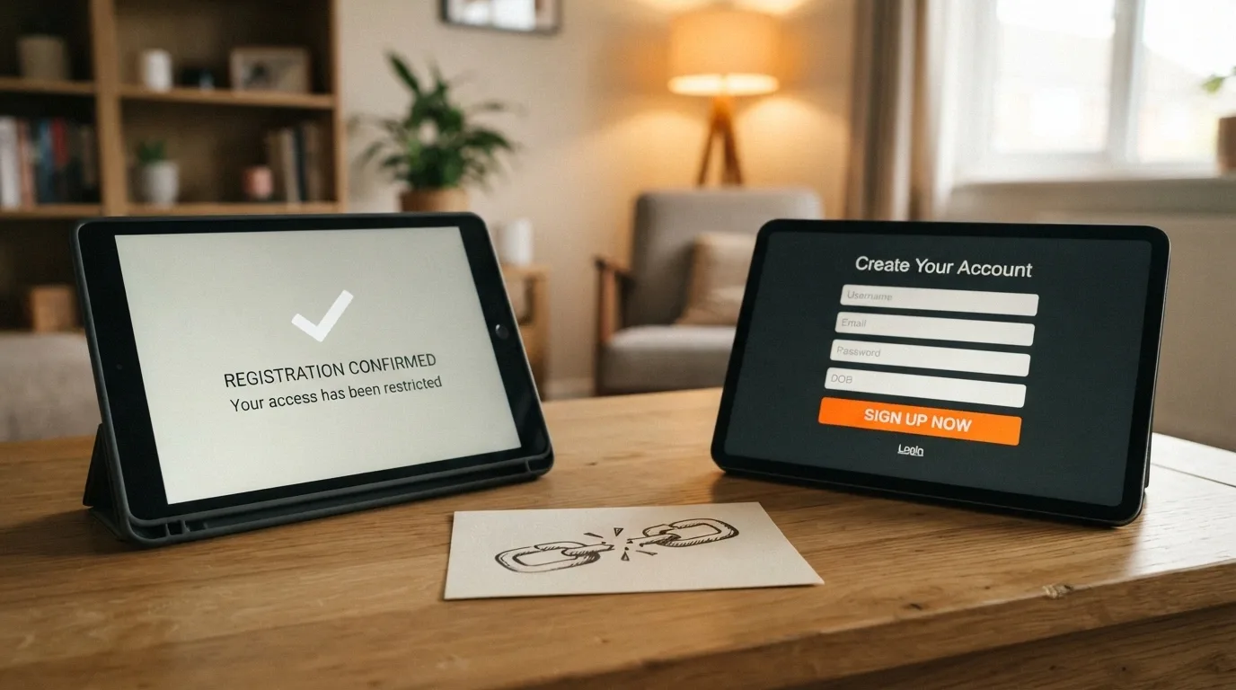 A BetStop registration confirmation screen on one side and an offshore casino sign-up form on the other, with a broken chain graphic between them
