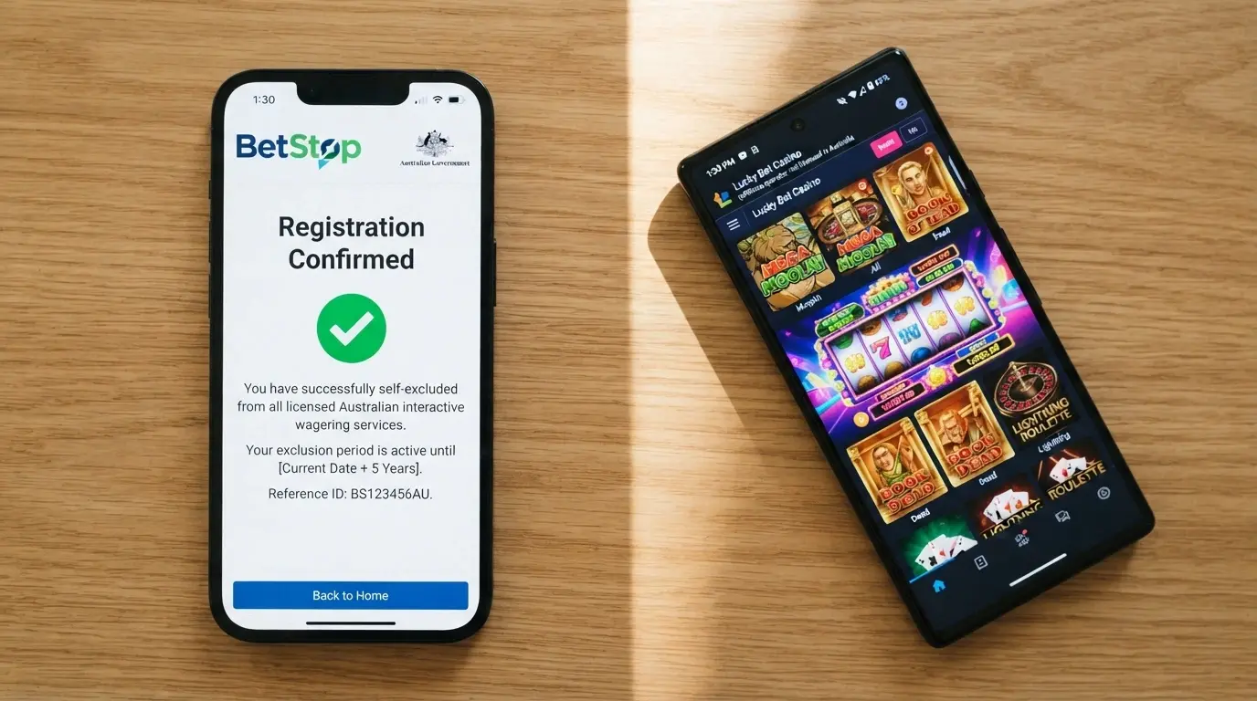 A split visual: a BetStop registration confirmation on one side, and an offshore casino lobby still active on the other