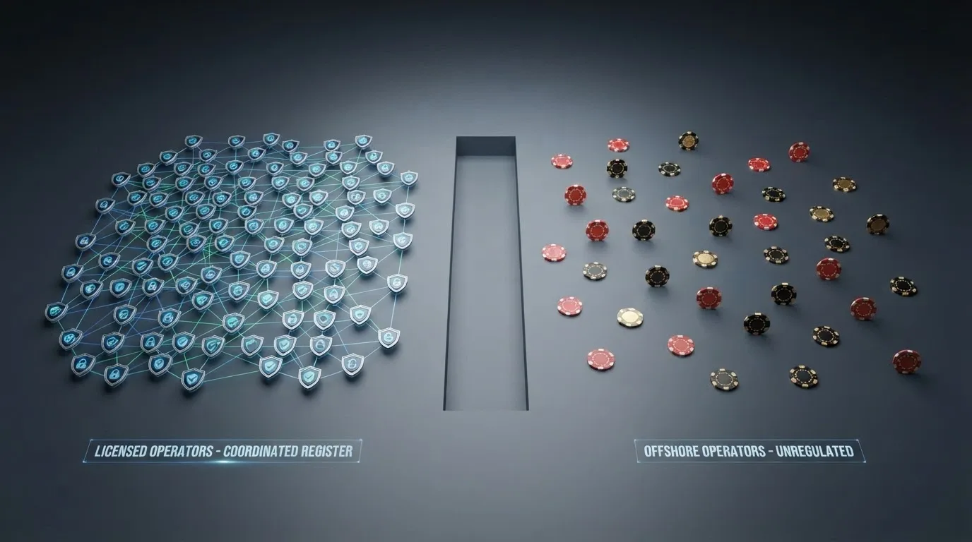 A visual showing BetStop's coverage scope (150 licensed wagering providers) separated from the offshore casino sector with a gap labelled “no integration”