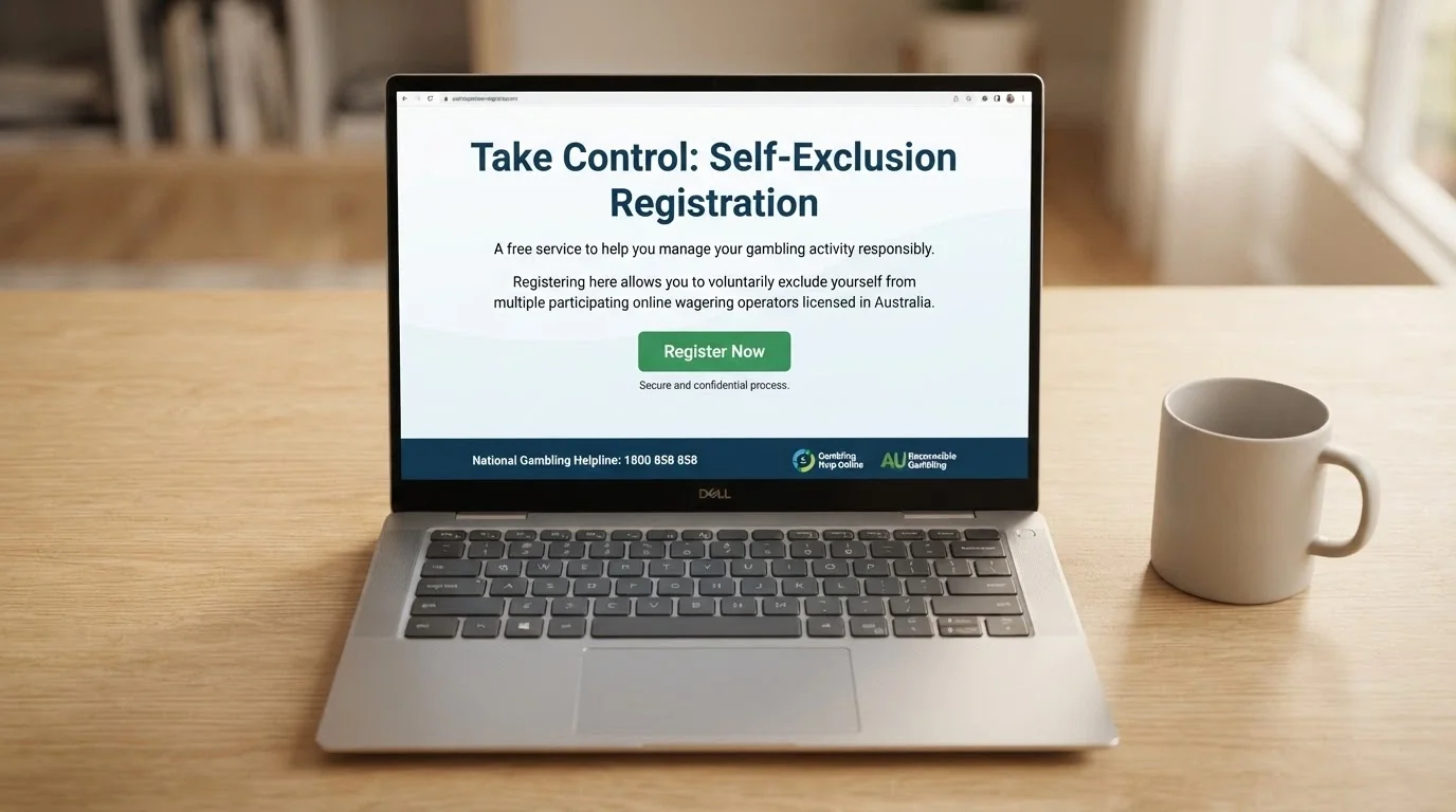 A laptop displaying the BetStop National Self-Exclusion Register homepage with the registration prompt visible