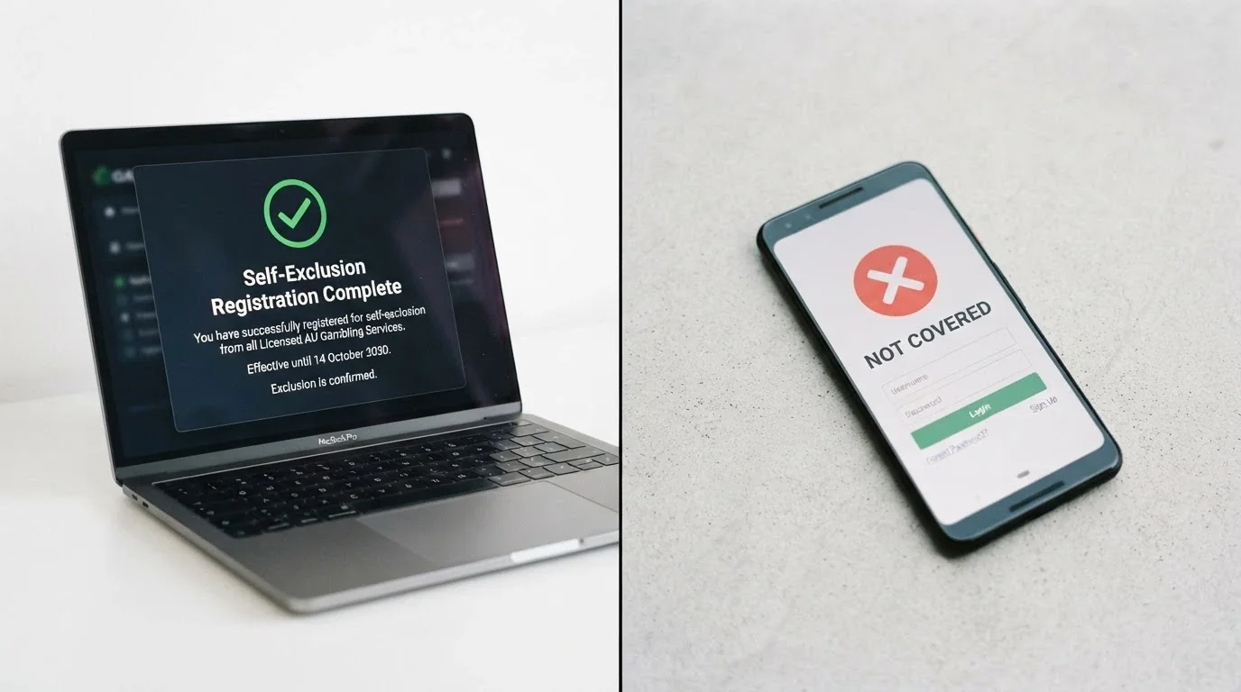 A split-screen visual: on one side a BetStop registration confirmation screen with a green tick, on the other an offshore casino login page with a red cross and “Not Covered” label