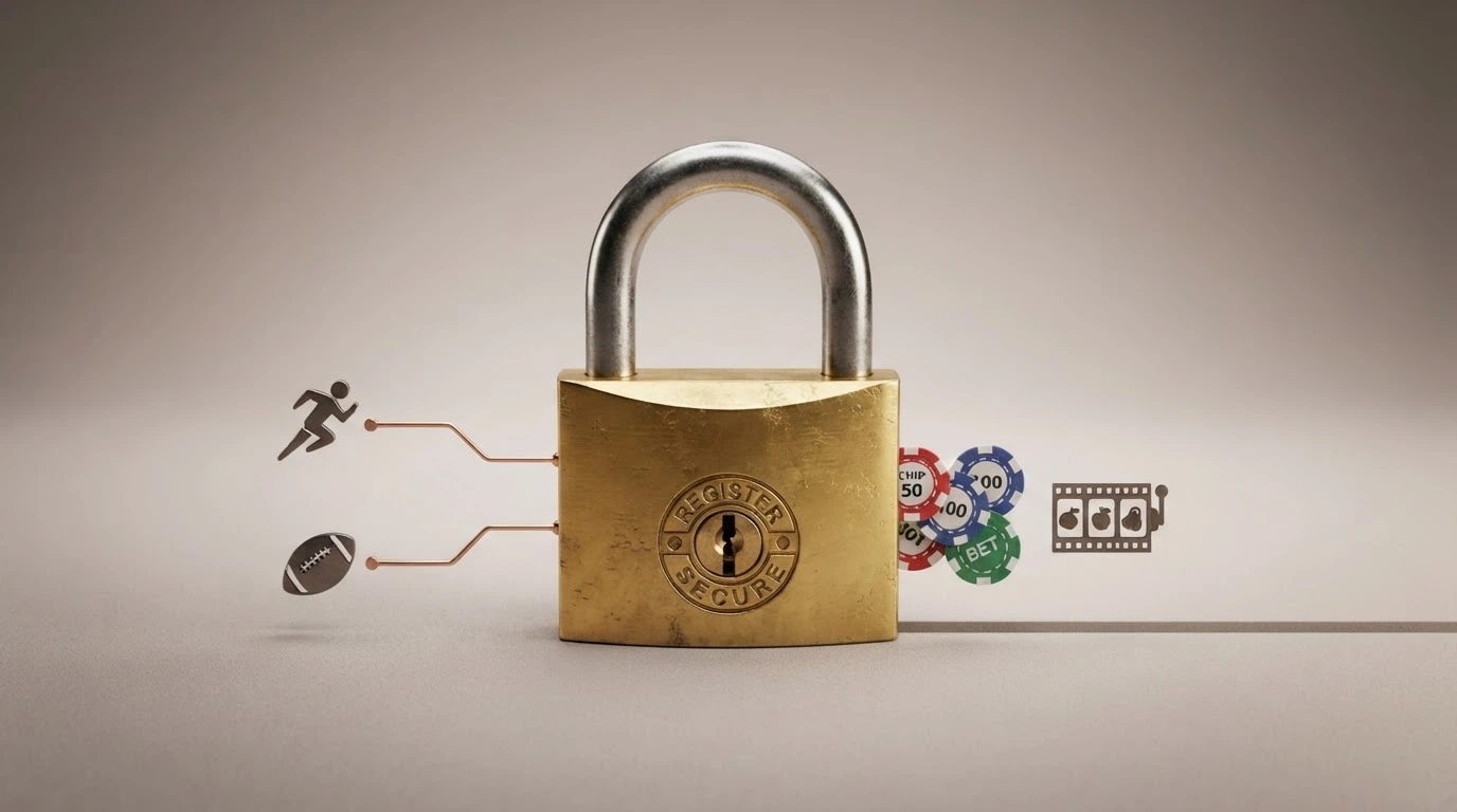 A visual showing a locked padlock labelled “BetStop” connected only to icons representing licensed wagering (racing, sport), with casino icons sitting outside the lock's reach