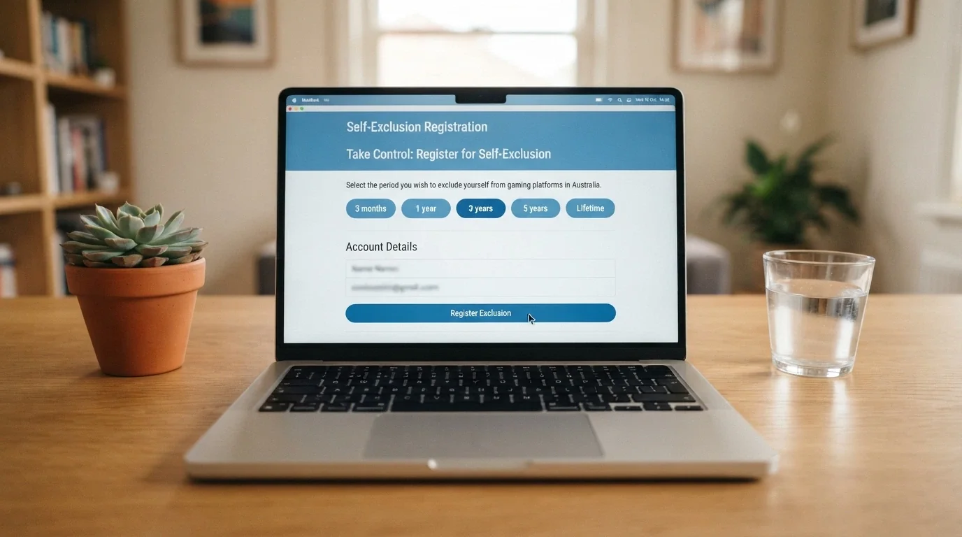 The BetStop National Self-Exclusion Register landing page on a laptop screen, showing the registration options — 3 months, 1 year, 3 years, 5 years, lifetime — with a cursor hovering over the registration button