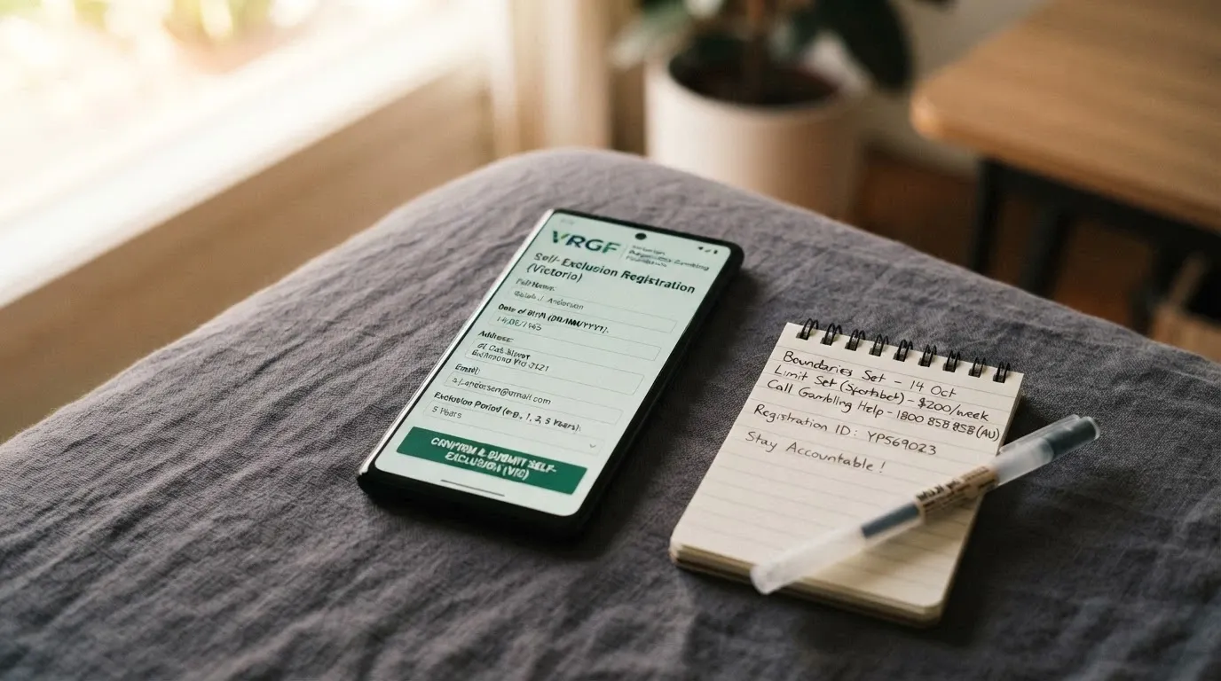 A smartphone screen showing the BetStop registration page beside a Gambling Help Online chat window