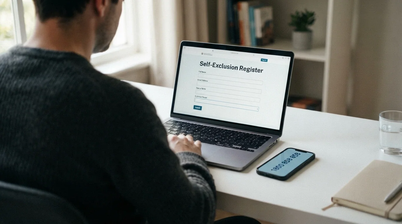 A laptop displaying the BetStop registration page beside a phone showing 1800 858 858