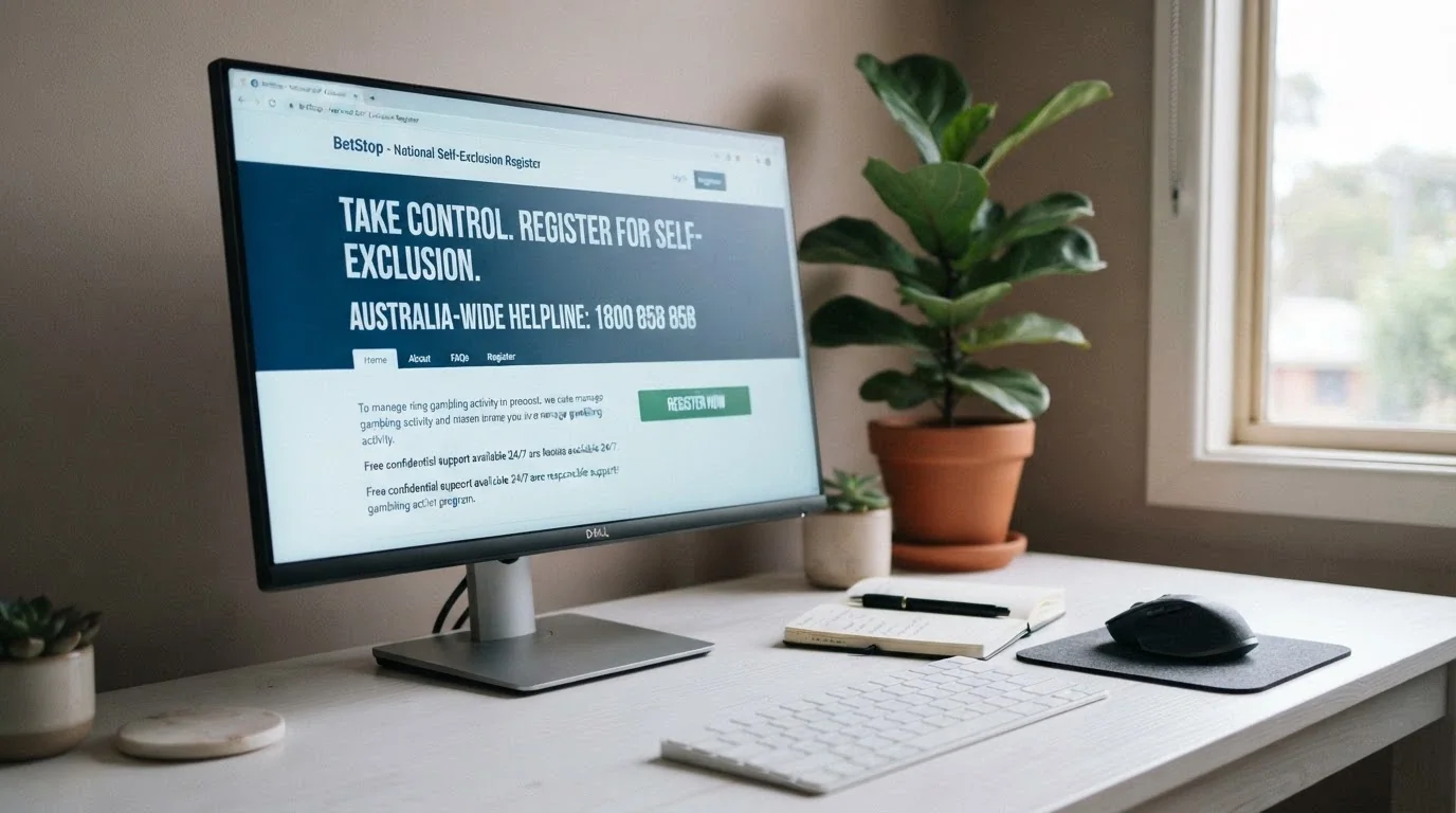 A computer screen showing the BetStop National Self-Exclusion Register homepage with a gambling helpline number visible