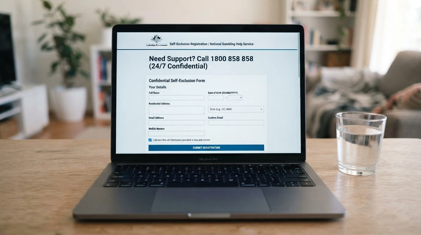 The BetStop National Self-Exclusion Register registration page on a laptop screen, with the 1800 858 858 helpline number visible