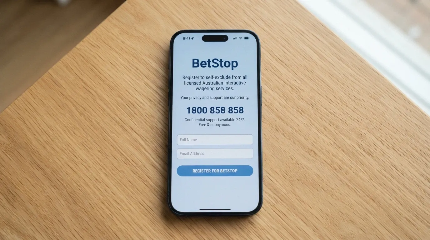 A calm, supportive visual — a phone screen showing the BetStop registration page or the Gambling Help Online homepage, with the helpline number 1800 858 858 clearly legible