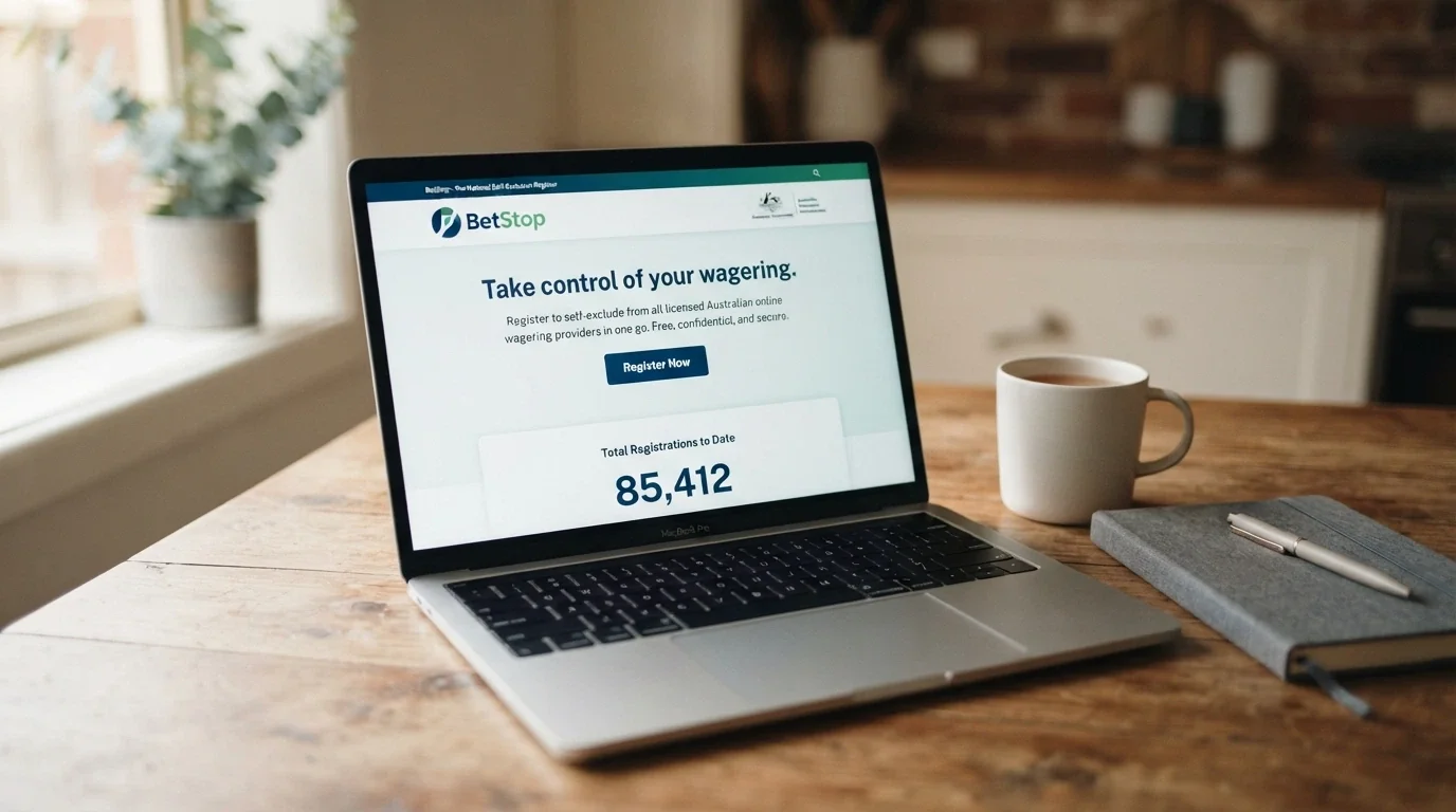 The BetStop National Self-Exclusion Register homepage on a screen, with the registration count visible