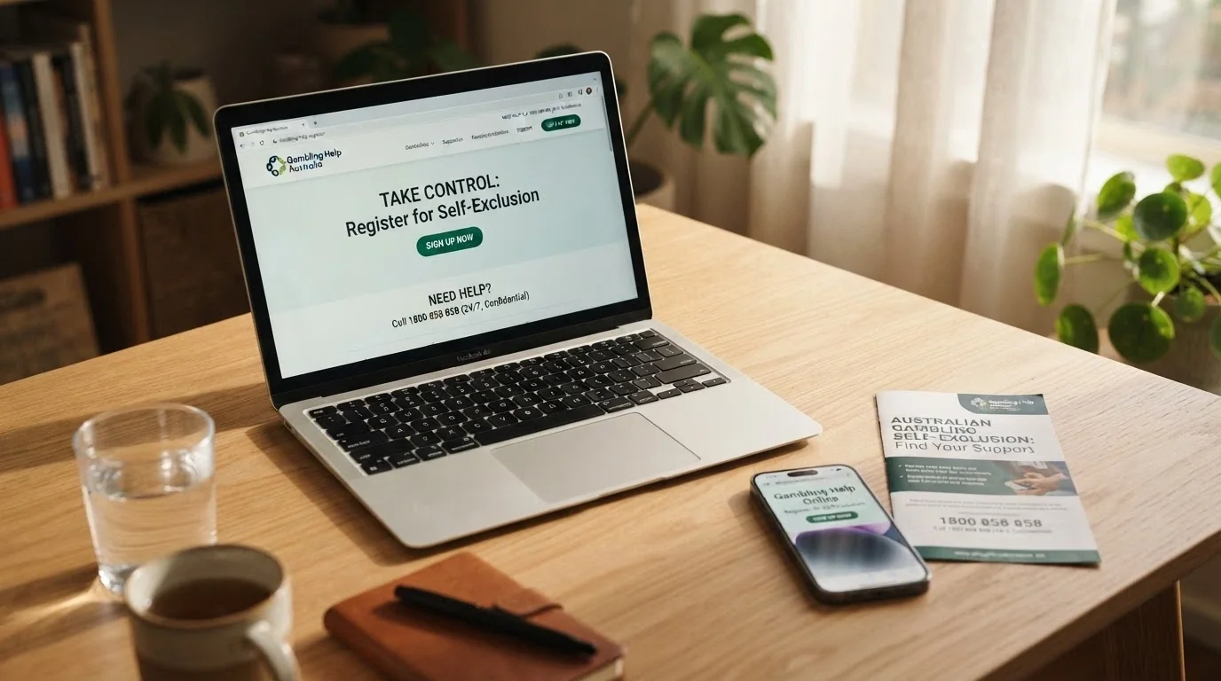 A laptop screen showing the BetStop National Self-Exclusion Register homepage with the registration pathway visible and the 1800 858 858 helpline number beside it
