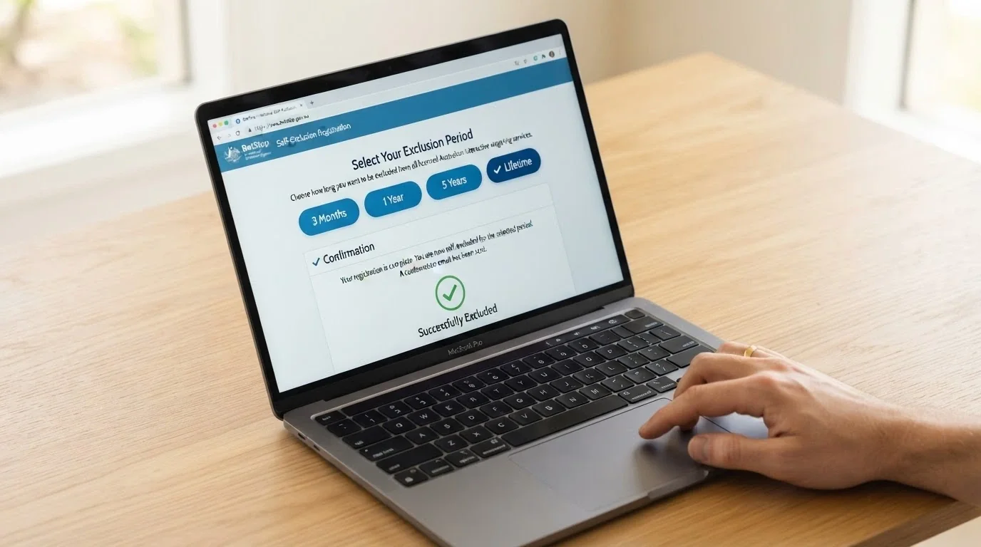 The BetStop National Self-Exclusion Register interface showing registration options with period selectors from three months to lifetime, a confirmation screen, and the betstop.gov.au URL
