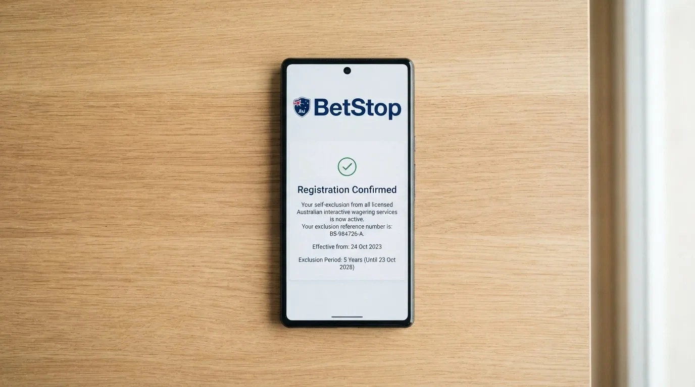 A smartphone screen showing the BetStop registration interface with a confirmation message, the Australian Government crest visible