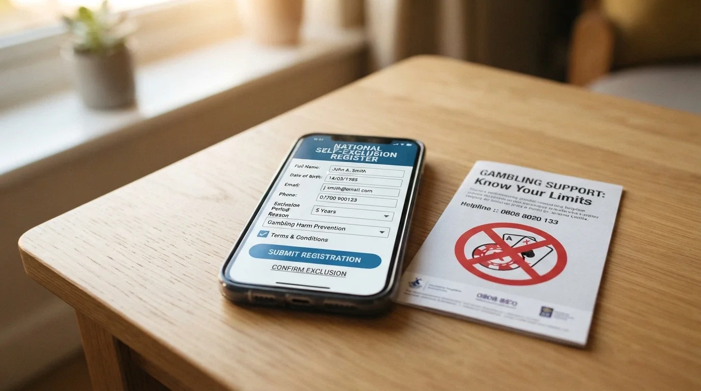A smartphone screen showing the BetStop registration page with a partially filled form, beside a crossed-out offshore casino logo